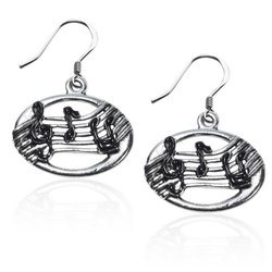 Disc with Musical Notes Charm Earrings in Silver