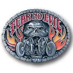 Fear No Evil Skull/Motorcycle Enameled Belt Buckle