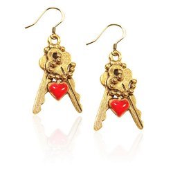 Keys with Heart Charm Earrings in Gold
