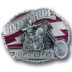 Live to Ride "Skeleton on Bike" Enameled Belt Buckle