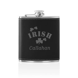 Personalized Irish Shamrocks Leather Flask Set