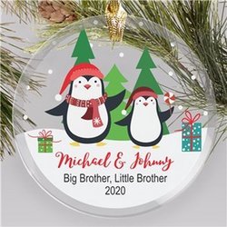 Personalized Penguin Siblings Round Glass Ornament