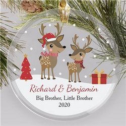 Personalized Reindeer Siblings Round Glass Ornament