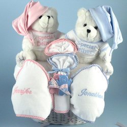 Personalized Twin Bear Baby Gift Basket