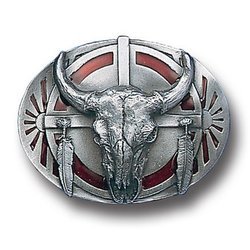 Red Buffalo Skull/Feathers Enameled Belt Buckle