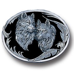 Two Wolves Enameled Belt Buckle