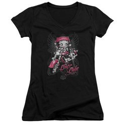 Betty Boop Juniors V Neck Shirt Biker Babe Black T-Shirt