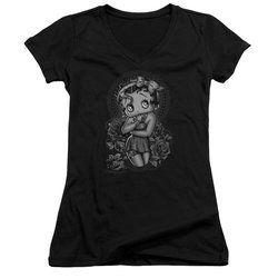 Betty Boop Juniors V Neck Shirt Fashion Roses Black T-Shirt