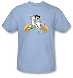 Betty Boop T-shirt Unicorn And Rainbows Adult Light Blue Tee Shirt