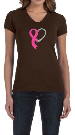 Breast Cancer Awareness Ladies Shirt Ribbon Heart V-neck Tee T-Shirt