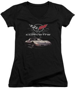 Chevy Juniors V Neck Shirt Corvette Checkered Past Black T-Shirt