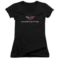 Chevy Juniors V Neck Shirt Corvette Emblem Black T-Shirt
