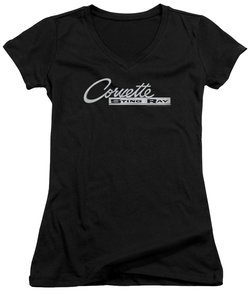 Chevy Juniors V Neck Shirt Corvette Sting Ray Chrome Logo Black T-Shirt