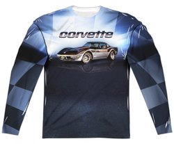 Chevy Long Sleeve Blue Corvette Vette Check Flag Sublimation Shirt Front/Back Print