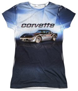 Chevy Shirt Blue Corvette Vette Check Flag Sublimation Juniors Shirt Front/Back Print