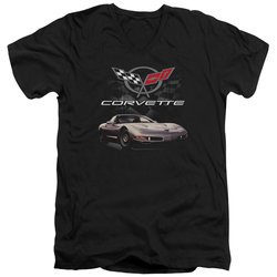 Chevy Slim Fit V-Neck Shirt Corvette Checkered Past Black T-Shirt