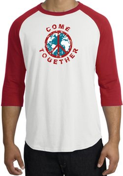 COME TOGETHER World Peace Sign Symbol Adult Raglan T-shirt - White/Red