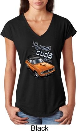 Dodge 1970 Plymouth Hemi Cuda Ladies Tri Blend V-Neck Shirt