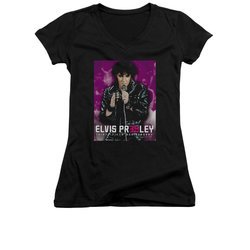 Elvis Presley Shirt Juniors V Neck 35 Leather Black T-Shirt