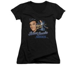 Elvis Presley Shirt Juniors V Neck Blue Suede Shoes Black T-Shirt
