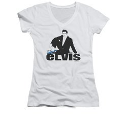 Elvis Presley Shirt Juniors V Neck Blue Suede White T-Shirt