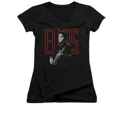 Elvis Presley Shirt Juniors V Neck Red Guitarman Black T-Shirt