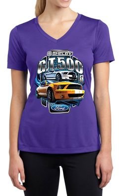 Ford Mustang Ladies Shirt Yellow White GT500 Moisture Wicking V-neck