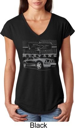 Ford Mustang with Grill Ladies Tri Blend V-Neck Shirt
