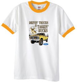 Ford Ringer Shirt Driving Trucks And Tagging Bucks White/Gold Shirt