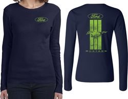 Ford Tee Green Mustang Stripe (Front & Back) Ladies Long Sleeve
