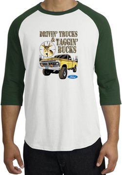 Ford Truck Shirt Driving and Tagging Bucks Raglan Tee White/Forest
