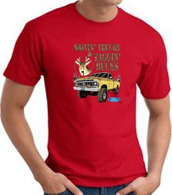 Ford Truck T-shirt - Driving and Tagging Bucks Adult Red Tee Shirt
