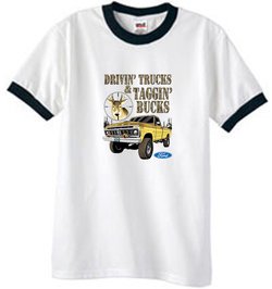 Ford Truck T-Shirt Driving and Tagging Bucks Ringer Tee White/Black