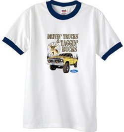 Ford Truck T-Shirt Driving and Tagging Bucks Ringer Tee White/Navy