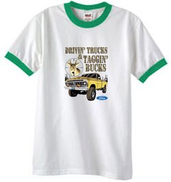 Ford Truck T-Shirt Driving and Tagging Bucks Ringer White/Kelly Green