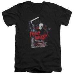 Friday the 13th Slim Fit V-Neck Shirt Jason Attacks Cabin Black T-Shirt