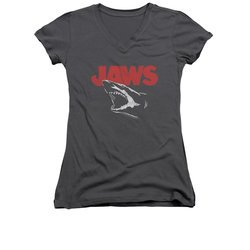 Jaws Shirt Juniors V Neck Cracked Jaw Charcoal T-Shirt