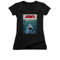 Jaws Shirt Juniors V Neck Lined Poster Black T-Shirt