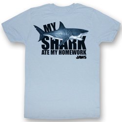 Jaws T-shirt Movie Shark No Homework Adult Light Blue Tee Shirt