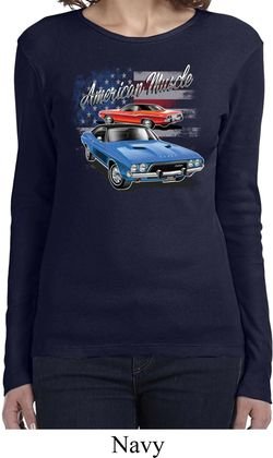 Ladies Dodge American Muscle Blue and Red Long Sleeve Shirt