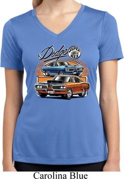 Ladies Dodge Blue and Orange Super Bee Dry Wicking V-neck