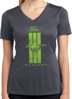 Ladies Ford Green Mustang Stripe Dry Wicking V-neck