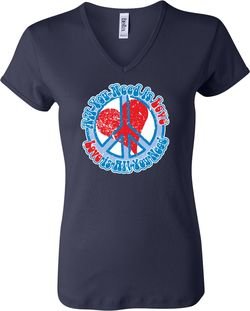 Ladies Peace Shirt All You Need is Love V-neck Tee T-Shirt