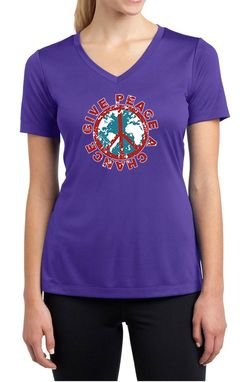 Ladies Peace Shirt Give Peace a Chance Moisture Wicking V-neck Tee