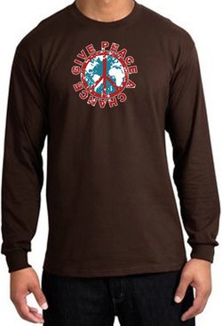 Peace Sign Long Sleeve T-shirt - Give Peace A Chance World Brown Shirt