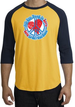 Peace Sign Raglan Shirt - All You Need Is Love Adult Tee - Gold/Navy