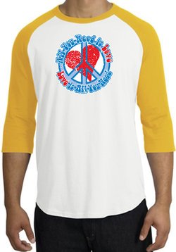 Peace Sign Raglan Shirt - All You Need Is Love Adult Tee - White/Gold