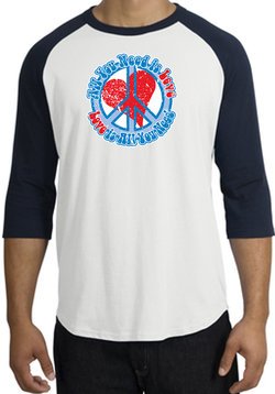 Peace Sign Raglan Shirt - All You Need Is Love Adult Tee - White/Navy