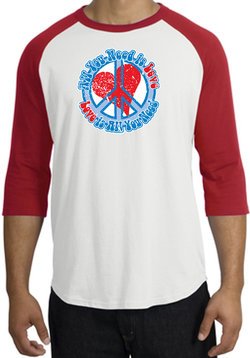 Peace Sign Raglan Shirt - All You Need Is Love Adult Tee - White/Red