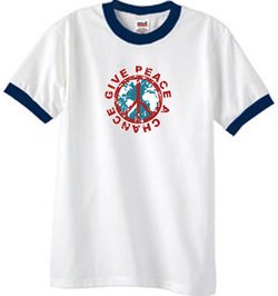 Peace Sign Ringer T-shirt - Give Peace A Chance Tee - White/Navy